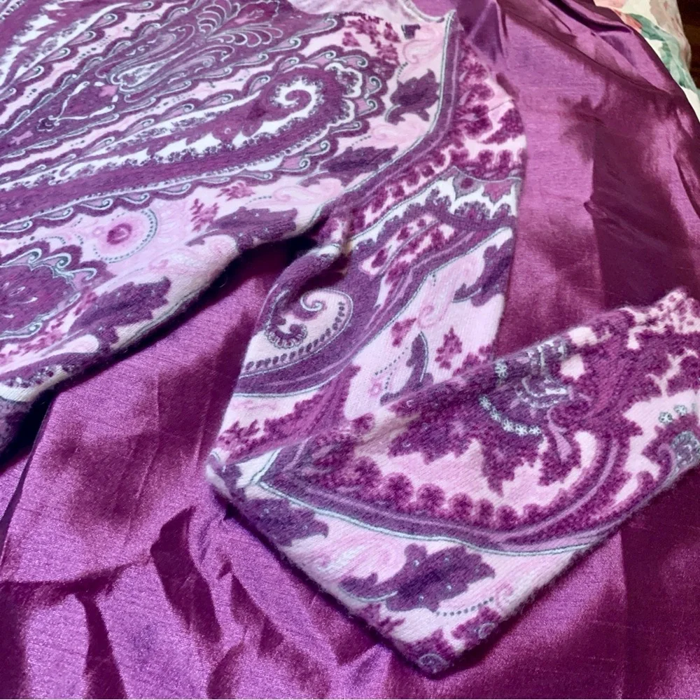 Classic Paisley Cashmere Round Neck Long Sleeve Pullover Sweater Rose Wine XS-S - Picture 4 of 14